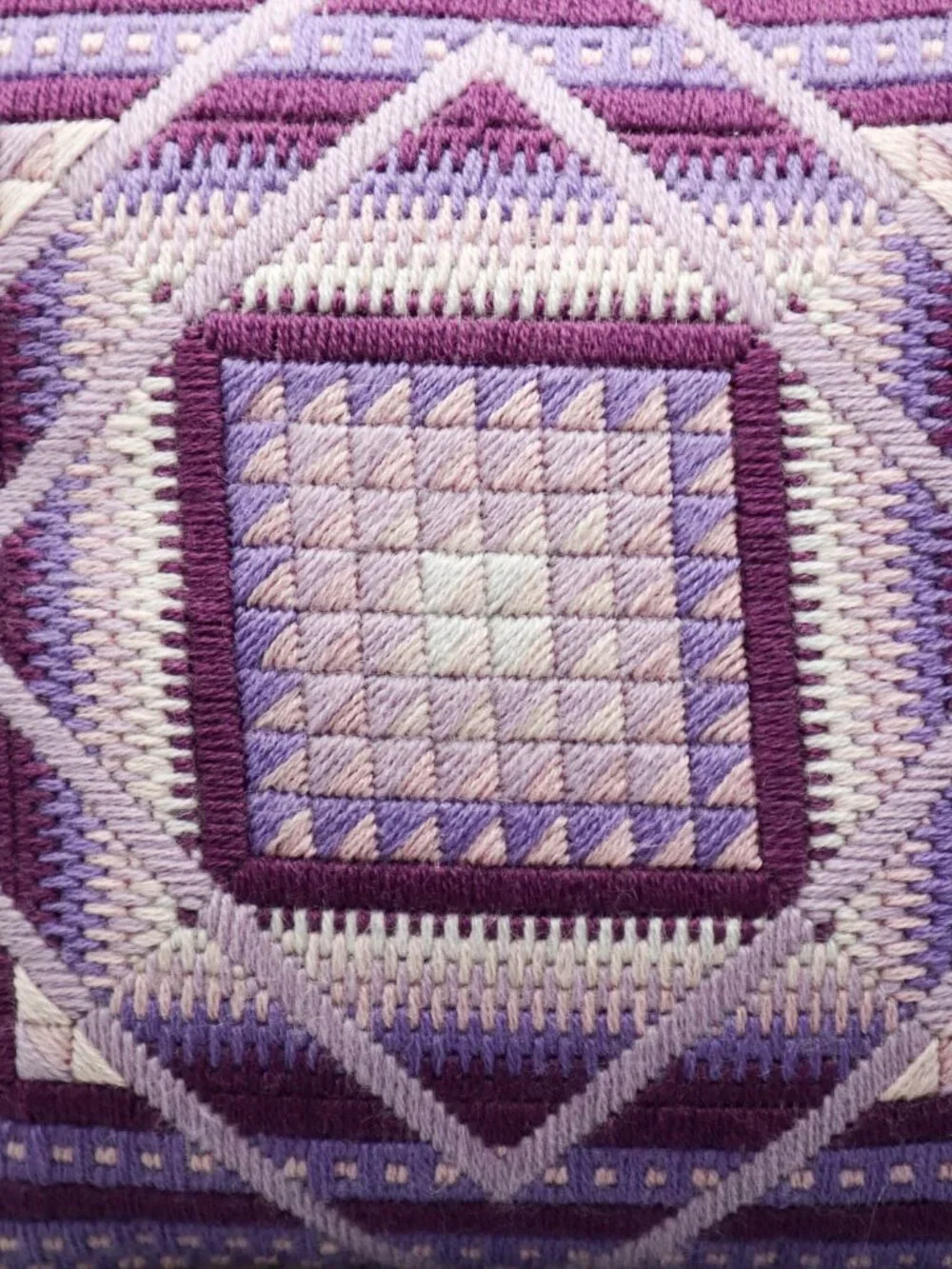 Vtg Handmade Bargello Geometric Needlepoint Throw Pillow Amethyst Velvet Backed